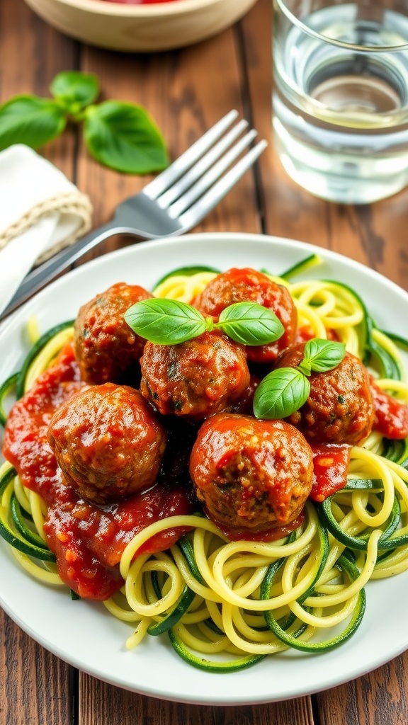Savory Vegan Lentil Walnut Meatballs with Marinara and Zoodles Vegan lentil walnut meatballs on zoodles with marinara sauce and basil on a rustic wooden table.